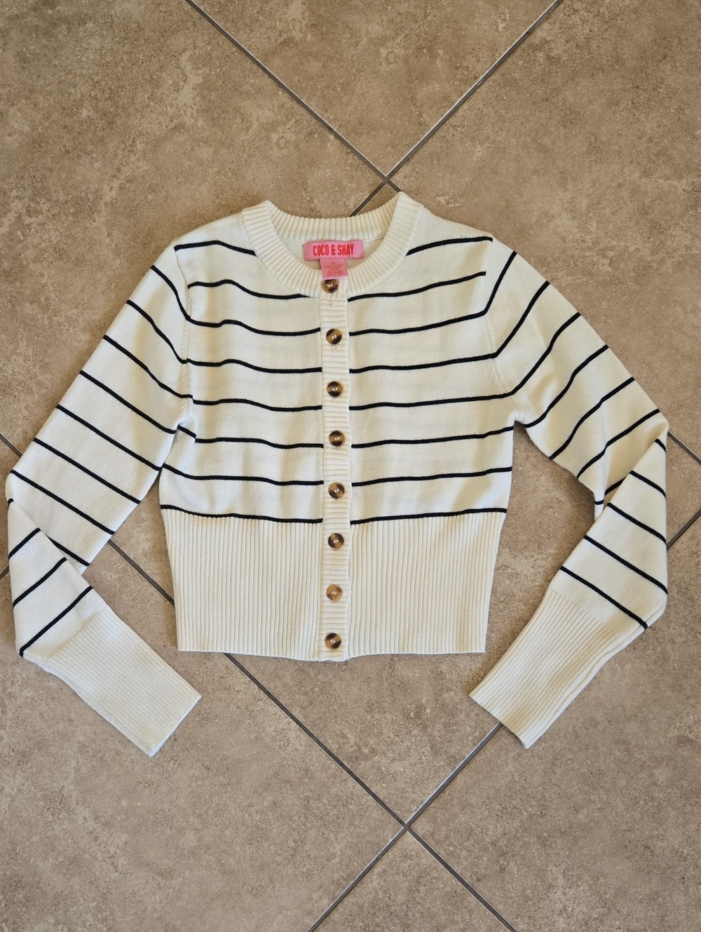 Ivory Stripe Button-Front Cropped Cardigan